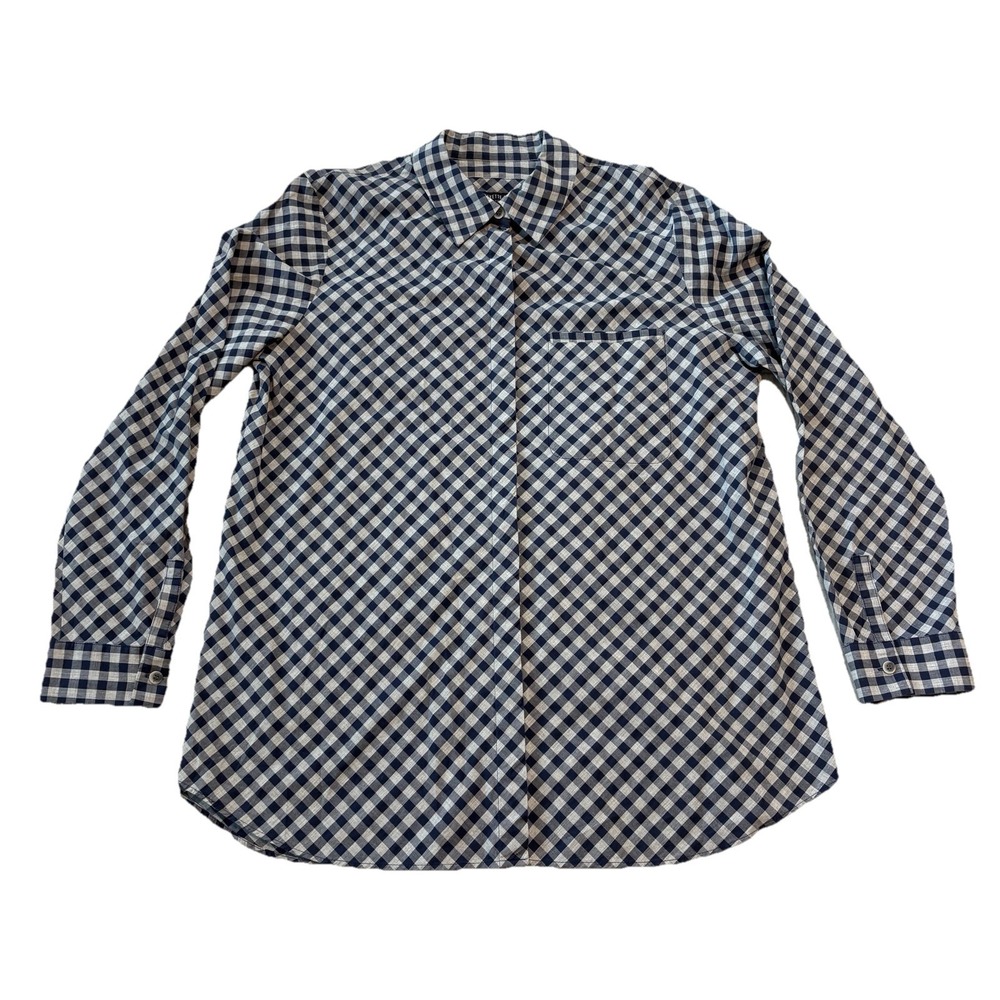 Lafayette 148 Shirt Womens Large Navy Gingham Check Button Down 100% Cotton‎